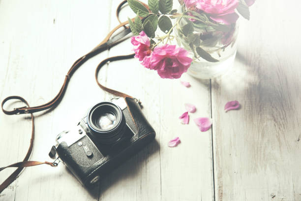 istock pink rose and  camera on wooden table 654785210