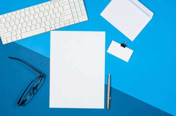 istock Mock-up blank page or magazine on colorful background top view 654795368