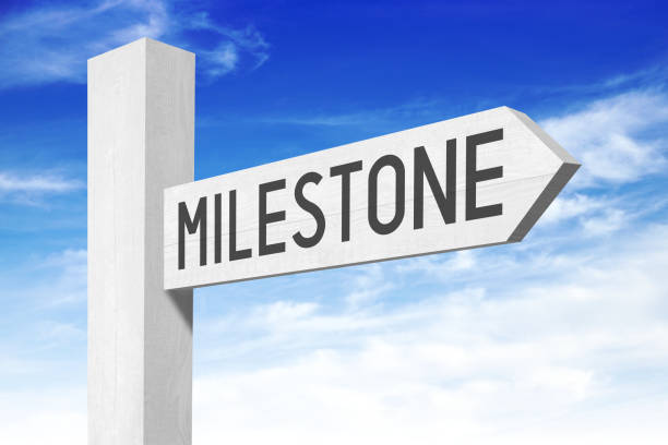 istock Milestone - white wooden signpost with one arrow 654795680