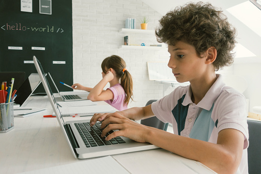 Fat Kid Coding Kids Coding Stock Photo - Download Image Now - 10-11 Years, Boys ...
