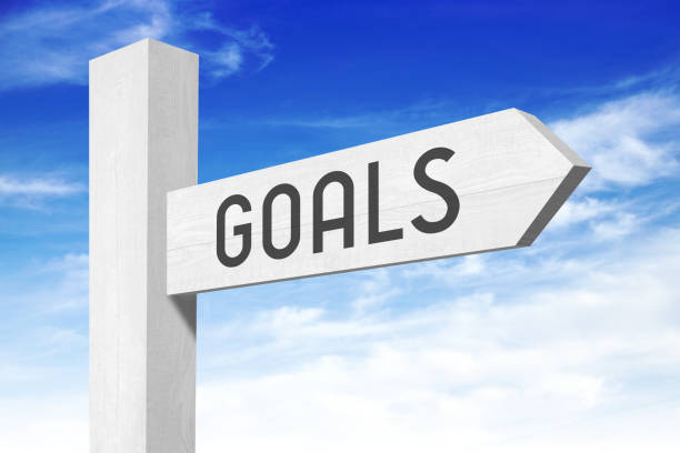 istock Goals - white wooden signpost with one arrow 654798474