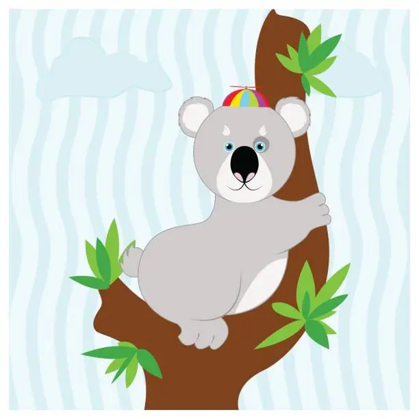 Vector illustration of Funny cartoon koala in child colored hat sits on a tree.
