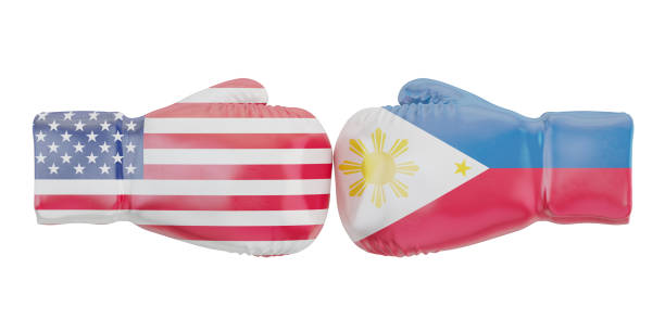 istock Boxing gloves with USA and Philippines flags. Governments conflict concept, 3D rendering 654815334