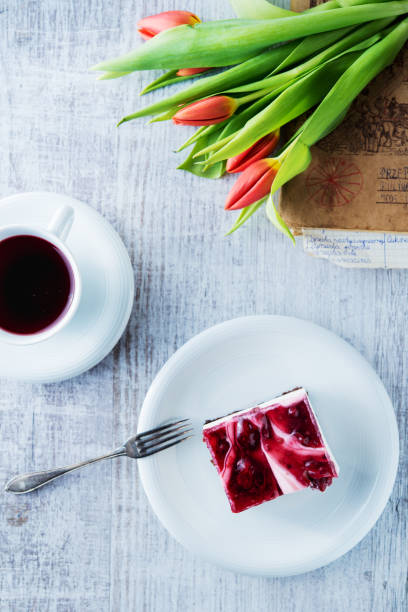 Delicious and sweet cheesecake with cherry jelly