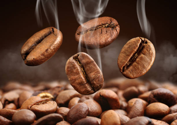 istock Macro of falling coffee bean with smoke on brown background 654816010