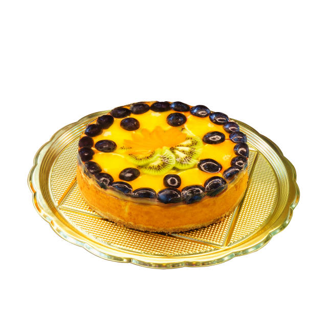istock Delicious sweet round fruit cake with peaches, oranges, kiwi, grapes. 654821312