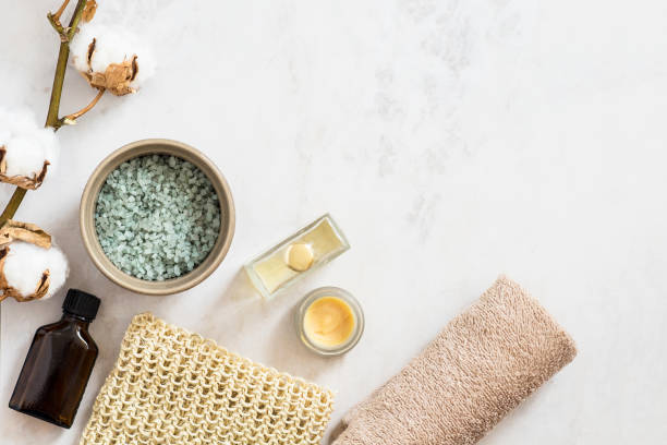 istock Organic spa cosmetic on marble background 654839910