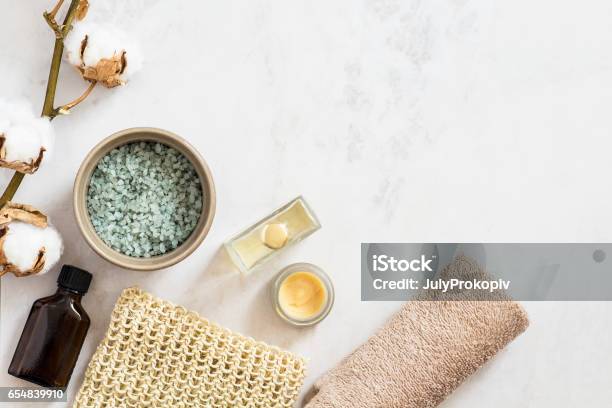 Organic Spa Cosmetic On Marble Background Stock Photo - Download Image Now - High Angle View, Spa, Bathroom