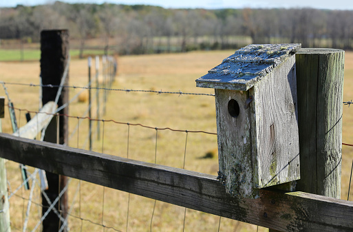 Attached to a farm fence post a bluebird house waits for a nesting bluebird.