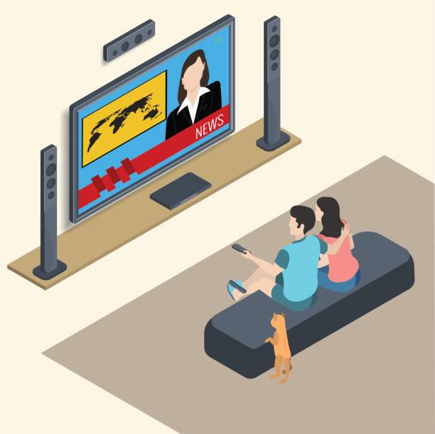 아이소메트릭 3 tv 시청 - people in the background video stock illustrations