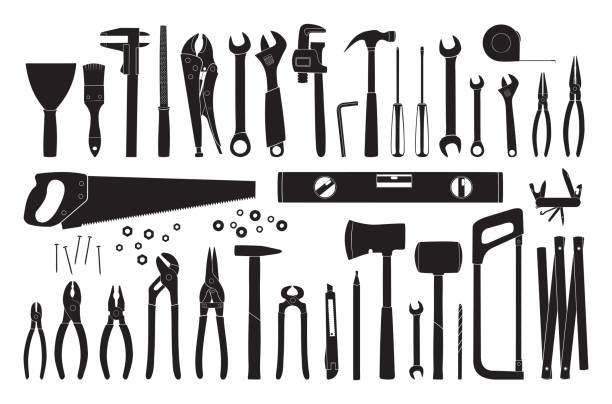 ilustrações de stock, clip art, desenhos animados e ícones de working tools icon set - mechanic plumber repairman manual worker