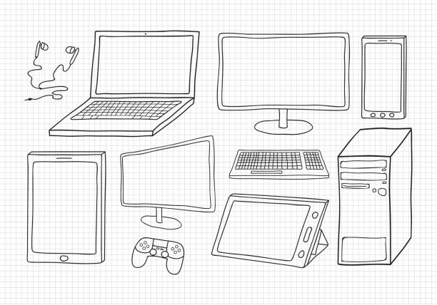 ręcznie rysowane urządzenia elektroniczne - mobile phone technology doodle electrical equipment stock illustrations