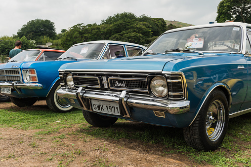 Rio das Flores, Brazil - March 15, 2015: Chevrolet Opala is seen parked in a field in Rio das Flores city, southesat of Brazil. The Chevrolet Opala was a mid-size car produced by General Motors Company.