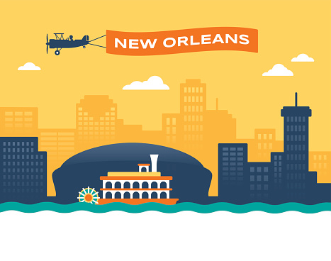 New Orleans skyline cityscape with plane banner and paddlewheeler boat background.