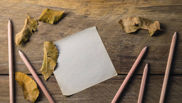 istock pencils with empty note paper and dry leaves on wooden table 654915994