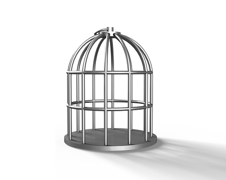 One silver cage, isolated on white, 3D illustration