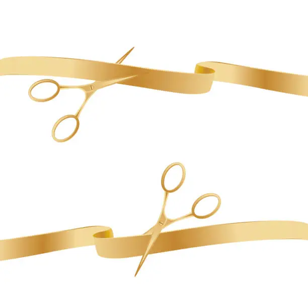 Vector illustration of Golden Scissors Cutting Ceremony Ribbons.