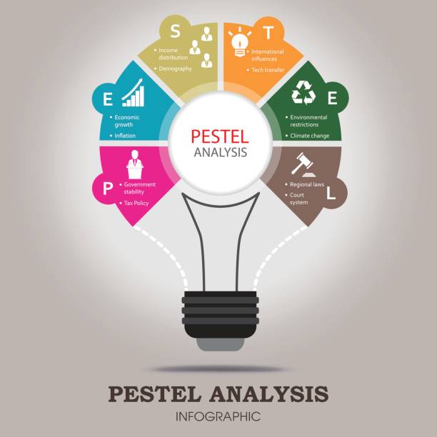 PESTEL analysis infographic template PESTEL analysis infographic template with political, economic, social, technological, environmental and legal factor icons included mortar and pestle stock illustrations