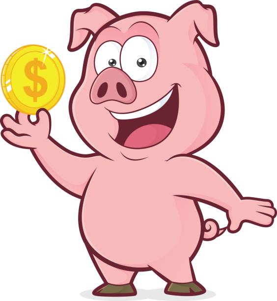 ilustraciones, imágenes clip art, dibujos animados e iconos de stock de cerdo con moneda de oro - piggy bank savings wealth coin bank