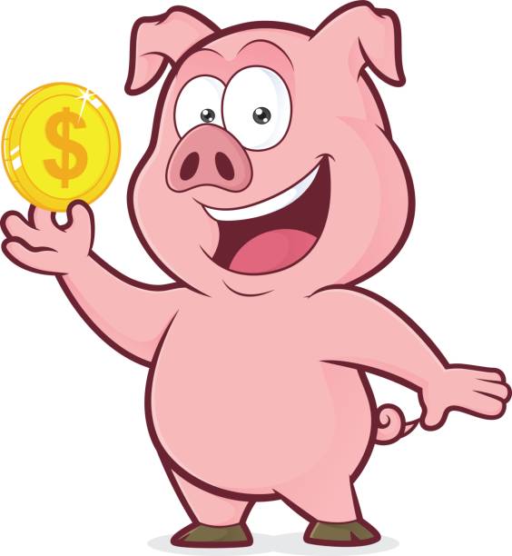 ilustrações de stock, clip art, desenhos animados e ícones de pig holding gold coin - piggy bank savings coin bank investment