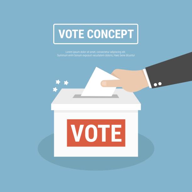 istock Voting concept in flat style - hand putting paper in the ballot box 654938988