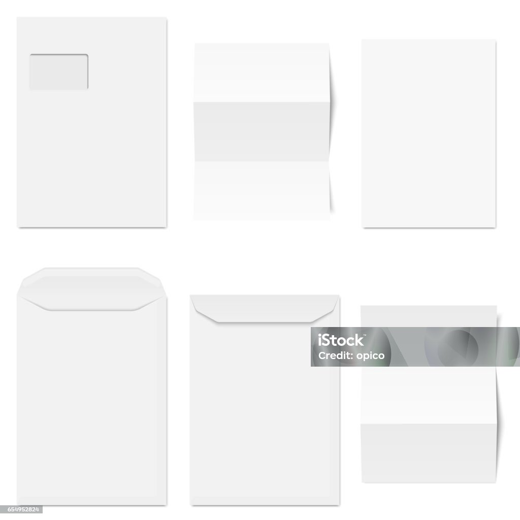 Collection of white envelopes with copy paper Collection of white envelopes with different white copy papers Envelope stock vector