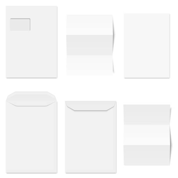 Collection of white envelopes with copy paper Collection of white envelopes with different white copy papers large envelope stock illustrations