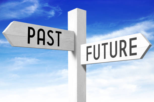 istock Future, past - wooden signpost 654957240
