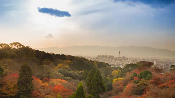 the kyoto tower with colorful from sky and cloud at kiyomizu temple japan