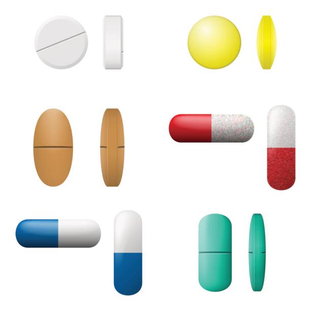 다른 벡터 알 약과 캡슐을 설정합니다. 약국 약 흰색 배경에 고립 된 아이콘. 약 기호입니다. - pharmacy medicine narcotic nutritional supplement stock illustrations