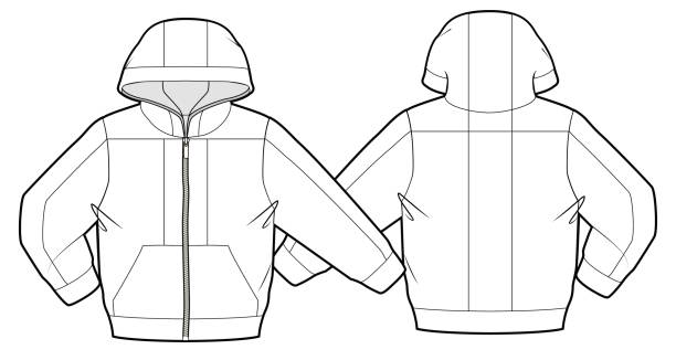 Hooded jacket with zip closure and pockets Front and back view of a hooded jacket with zip closure and pockets cardigan clothing template fashion stock illustrations