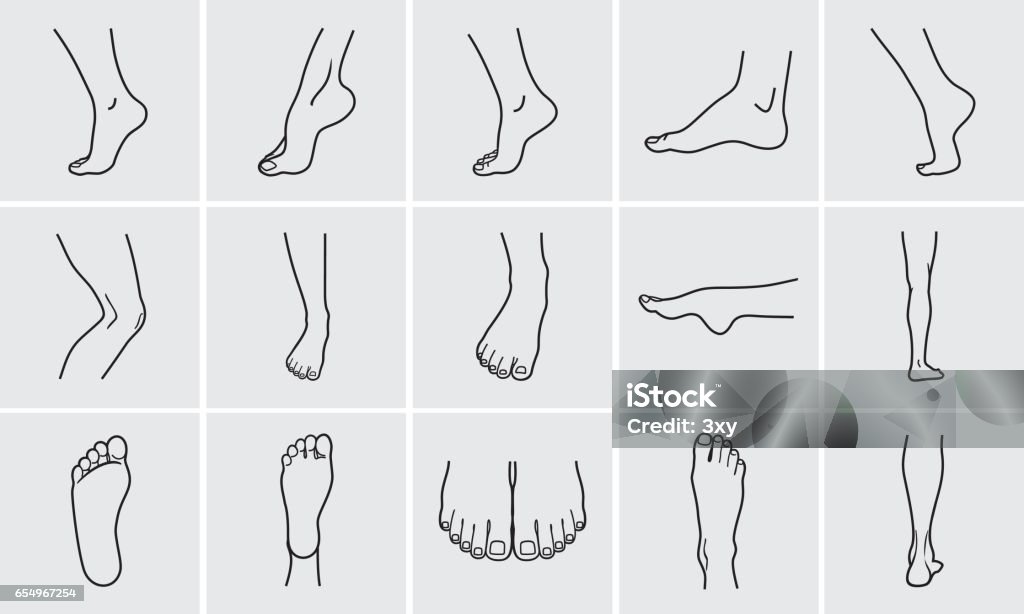 foot icons Human body parts. Foot care Icons Set. Vector illustrations line art pack of human feet in various gestures. Foot stock vector