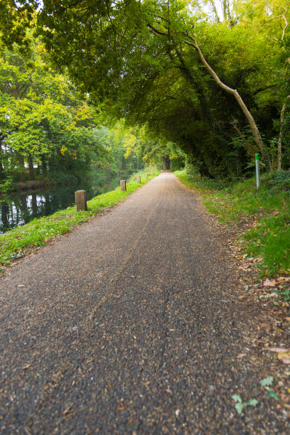 istock Hiking trail path at river in Basingstoke Channel, Woking, Surrey, England 654971426