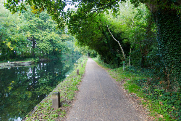 Hiking trail path at river in Basingstoke Channel, Woking, Surrey, England stock photo