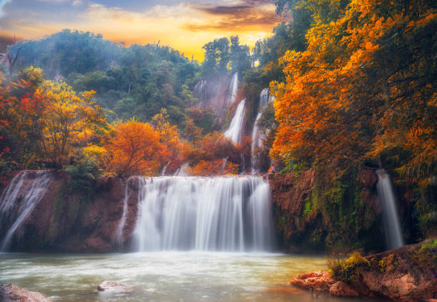 Close up stream waterfall in tropical deep forest natural landscape