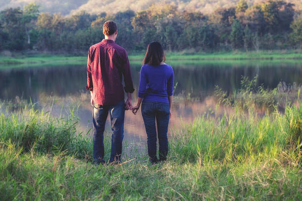 istock Happy couple holding hands, looking into the landscape and watching sunset while the summer vacations.valentines concept 654972800