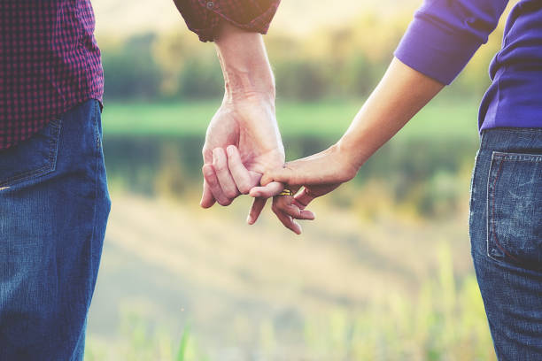 istock Happy couple holding hands, looking into the landscape and watching sunset while the summer vacations 654972822