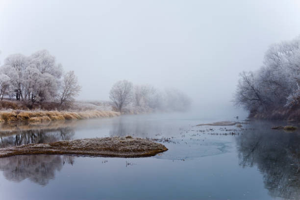 River at fall misty morning stock photo