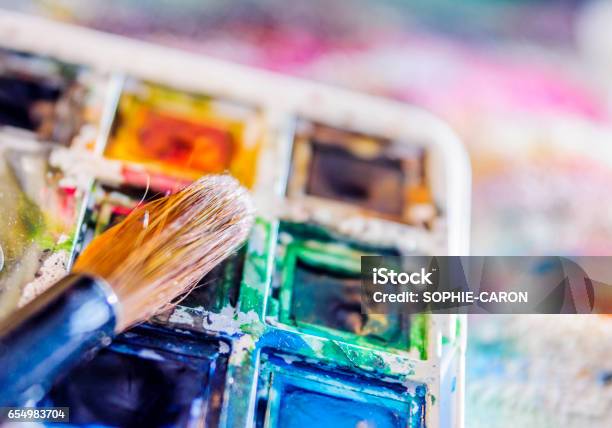 Watercolor Pallette Brush Stock Photo - Download Image Now - Art, Blue, Blusher - Make-Up