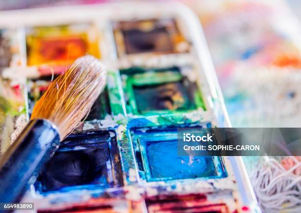 Watercolor Pallette Brush Stock Photo - Download Image Now - Art, Blue, Blusher - Make-Up