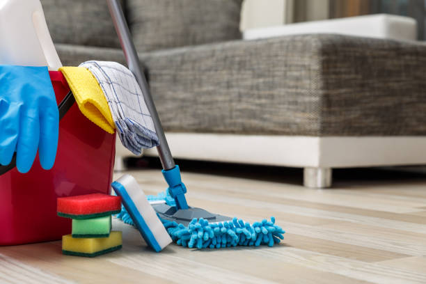 istock Cleaning service. Sponges, chemicals and mop. 654996600
