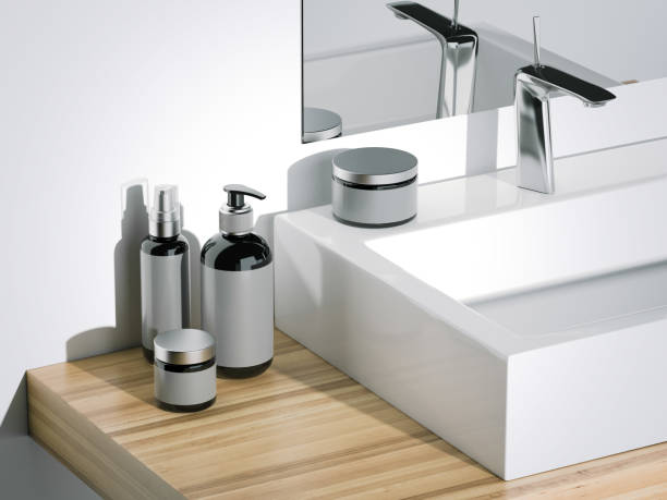 istock Black beauty cosmetic plastic containers in bathroom. 3d rendering 654996610