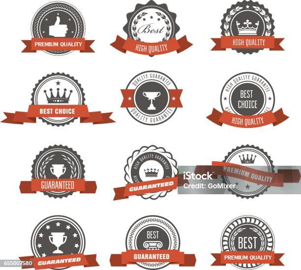 Emblems Badges And Stamps With Ribbons Awards And Seals Designs Stock Illustration - Download Image Now