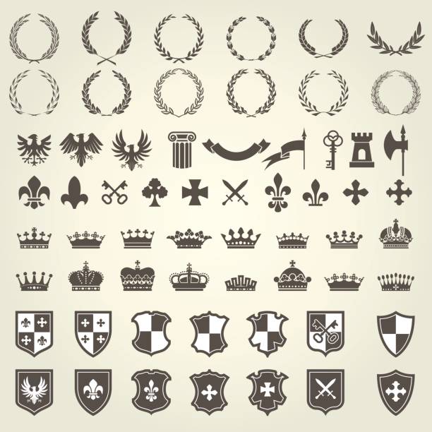 Heraldry kit of knight blazons and coat of arms elements - medieval emblems Heraldry kit of knight blazons and coat of arms elements - medieval heraldic emblems animals crest stock illustrations