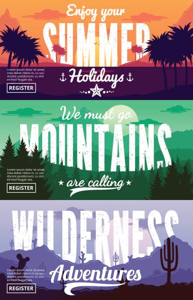 ilustrações de stock, clip art, desenhos animados e ícones de vector summer, mountains and desert adventures banners - nevada landscape rock tree