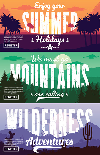 Desert, mountains and summer adventures horizontal banners set. Wild nature landscapes with cactus, mountains, palms, clouds and sky in various times of day