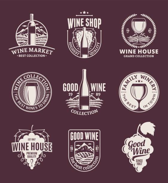 Vector wine labels, icons and design elements Set of vector beige wine labels, icons and design elements for menu, package, winery grape vine vineyard wine stock illustrations