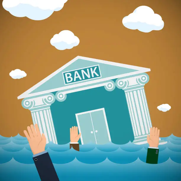 Vector illustration of Building of the bank drowning in the sea.