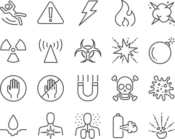 ilustraciones, imágenes clip art, dibujos animados e iconos de stock de advertencia y peligro de firman conjunto de iconos - bomb exploding vector problems