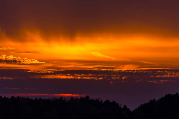 Dramatic sunlight, sky and clouds at dusk above a Wisconsin forest.